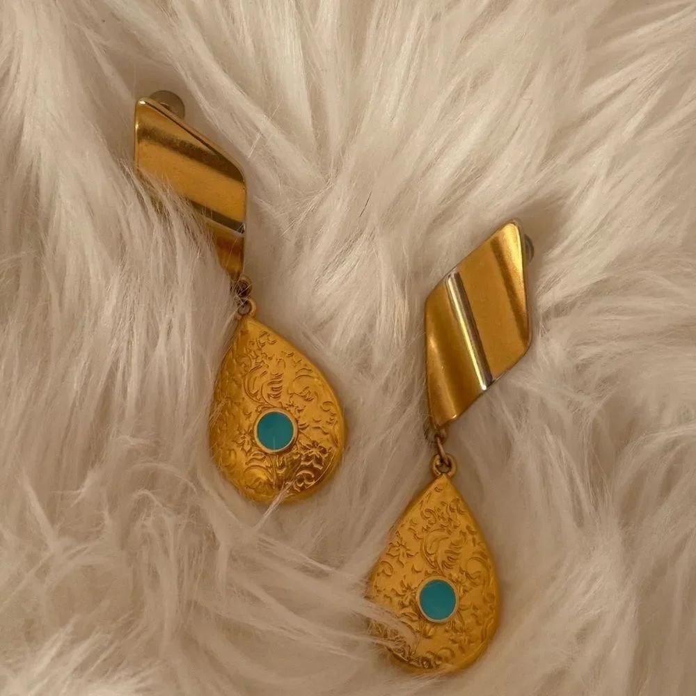 Greek Gold and Turquoise Drop Earrings